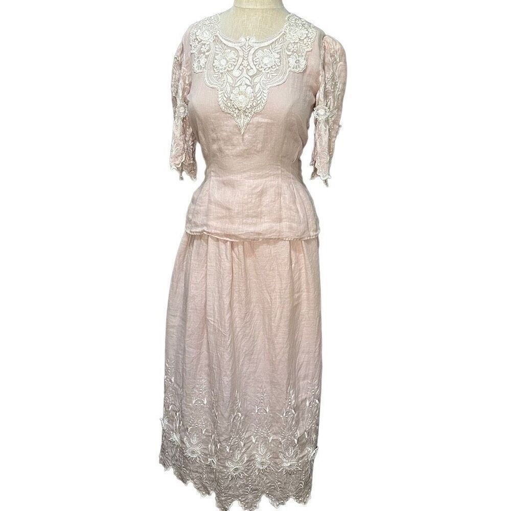 Vintage Womens 80s 2 PC Pink 100% Linen Dress Set Top & Skirt Lace Appliqués 4